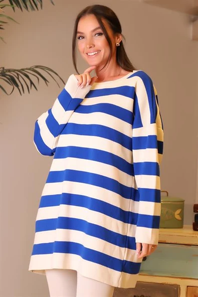 BİSİKLET YAKA ÇİZGİLİ SAKS KADIN KAZAK 6095-2K4 ürün görseli