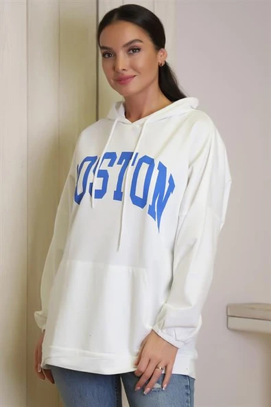 UZUN KOLLU KAPÜŞONLU EKRU KADIN SWEATSHİRT 1220-2K4
