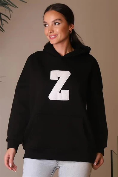 KAPÜŞONLU UZUN KOLLU SİYAH KADIN SWEATSHİRT 3056-2K4