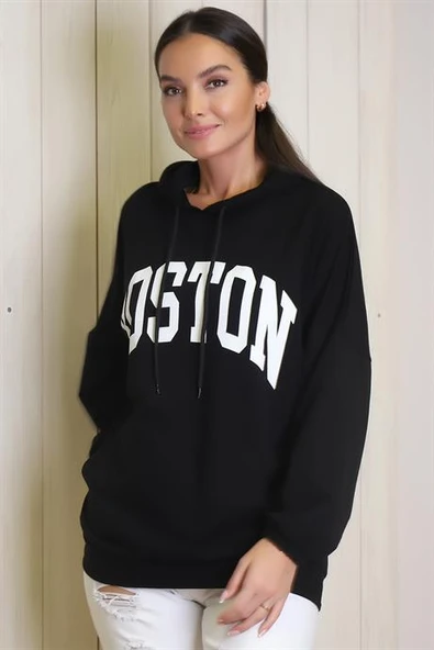 UZUN KOLLU KAPÜŞONLU SİYAH KADIN SWEATSHİRT 1220-2K4 - 3