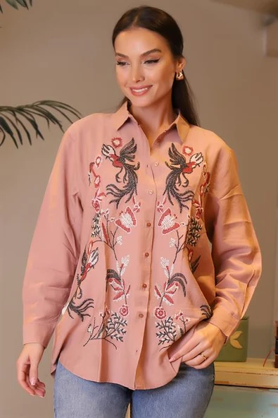 İŞLEMELİ UZUN KOLLU PUDRA KADIN GÖMLEK 33400-2Y4 - Resim 3