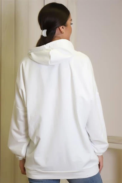 UZUN KOLLU KAPÜŞONLU EKRU KADIN SWEATSHİRT 1220-2K4 - 5