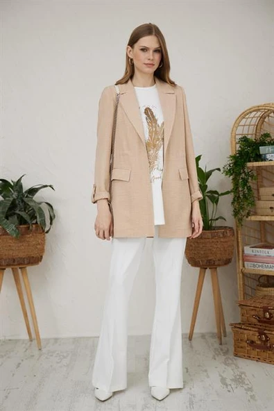 KATLAMALI KOL CEP DETAYLI BEJ KADIN CEKET MB04.56-2Y4 - 3