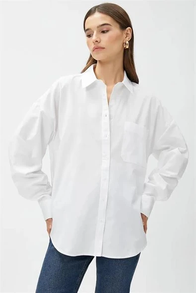 Oversize Cepli Pamuklu Beyaz Kadın Gömlek  3SAK60220PW - 3