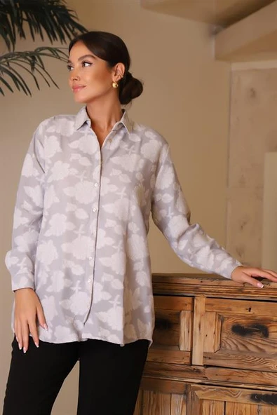 UZUN KOLLU ÇİÇEK DESENLİ KADIN GÖMLEK  33649-2Y4 - 3