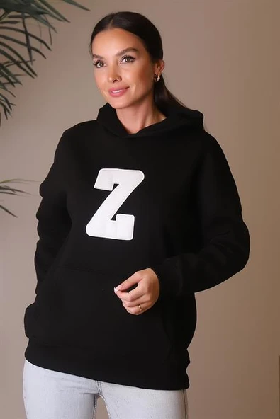 KAPÜŞONLU UZUN KOLLU SİYAH KADIN SWEATSHİRT 3056-2K4 - 4