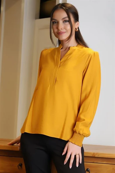 KOLLARI LASTİKLİ V YAKA HARDAL KADIN BLUZ 4028-2Y4 - 4