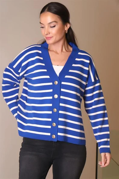 UZUN KOLLU DÜĞMELİ SİYAH SAKS KADIN HIRKA 5182-2K4 - 2