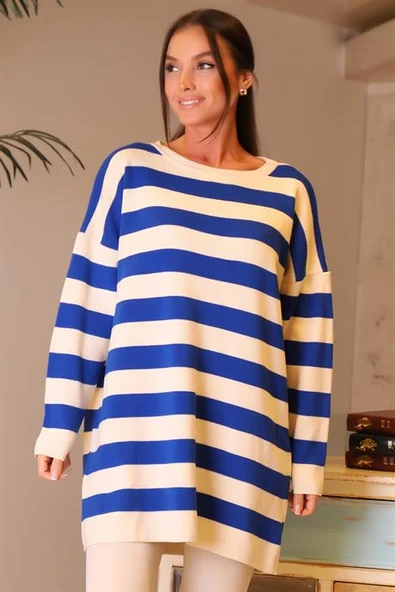 BİSİKLET YAKA ÇİZGİLİ SAKS KADIN KAZAK 6095-2K4 - Resim 2