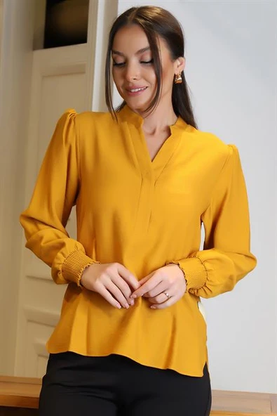 KOLLARI LASTİKLİ V YAKA HARDAL KADIN BLUZ 4028-2Y4 - 3
