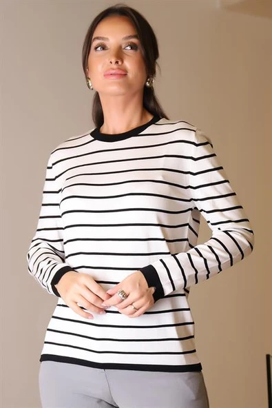 BİSİKLET YAKA ÇİZGİLİ EKRU KADIN KAZAK  845-2K4 - Resim 4