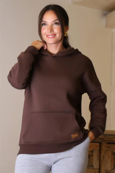 KAPÜŞONLU UZUN KOLLU KAHVE KADIN SWEATSHİRT 3046-2K4 - 3