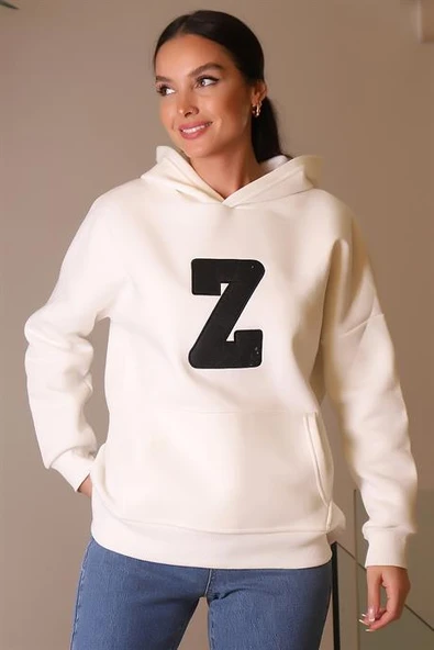 KAPÜŞONLU UZUN KOLLU EKRU KADIN SWEATSHİRT 3056-2K4 - 3