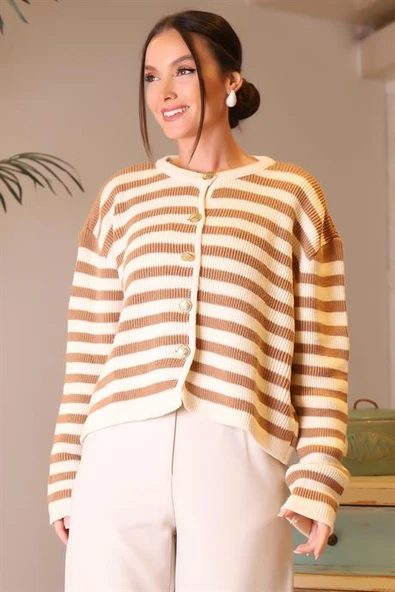 SIFIR YAKA ÇİZGİLİ CAMEL EKRU KADIN HIRKA 5181-2K4 - Resim 4