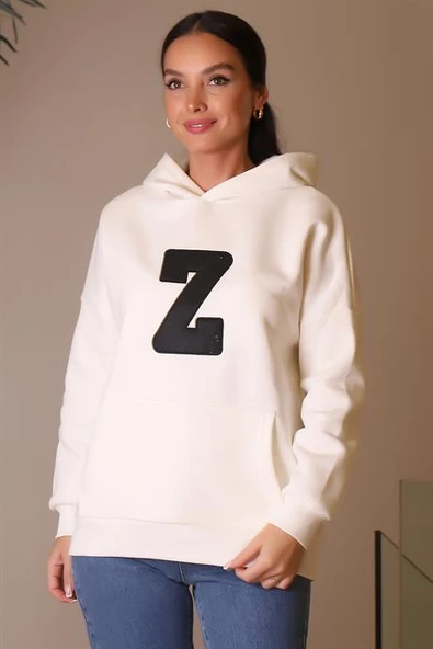 KAPÜŞONLU UZUN KOLLU EKRU KADIN SWEATSHİRT 3056-2K4