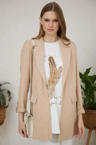 KATLAMALI KOL CEP DETAYLI BEJ KADIN CEKET MB04.56-2Y4 - 4