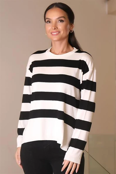 BİSİKLET YAKA ÇİZGİLİ EKRU KADIN KAZAK 848-2K4 ürün görseli