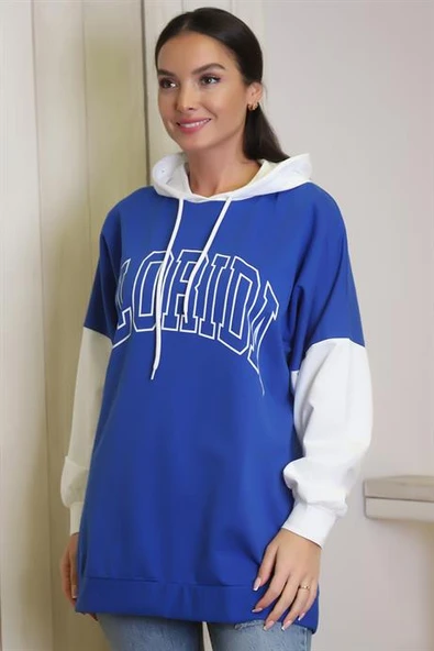 SAKS BASKILI KAPÜŞONLU KADIN SWEATSHİRT  1227-2K4 - 1