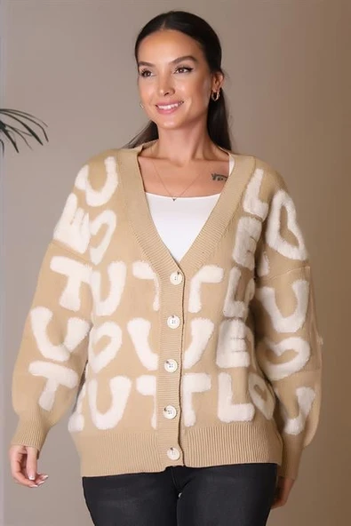 YAZI KABARTMALI DÜĞMELİ CAMEL  KADIN HIRKA 94067-2K4 - Resim 3