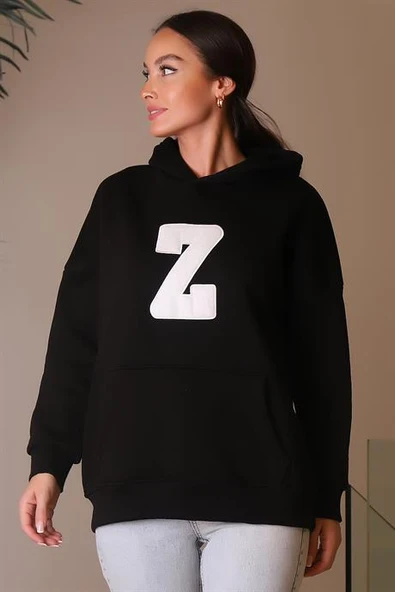 KAPÜŞONLU UZUN KOLLU SİYAH KADIN SWEATSHİRT 3056-2K4 - 2