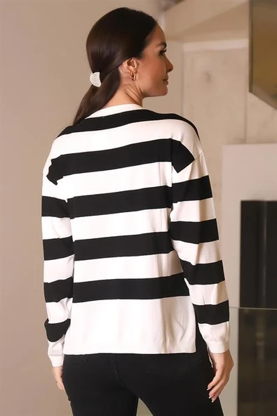 BİSİKLET YAKA ÇİZGİLİ EKRU KADIN KAZAK 848-2K4 - Resim 5