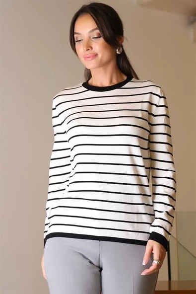 BİSİKLET YAKA ÇİZGİLİ EKRU KADIN KAZAK  845-2K4 - Resim 2