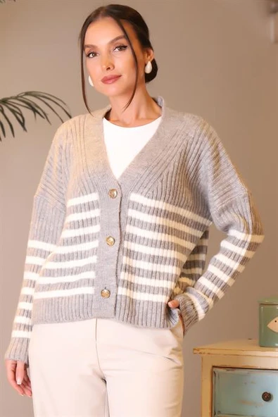 V YAKA DÜĞMELİ GRİ KADIN TRİKO HIRKA 94021-2K4 - Resim 2