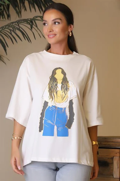 SIFIR YAKA UZUN EKRU KADIN T-SHİRT  28603-2Y4 - Resim 4