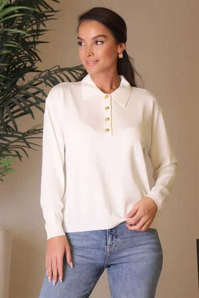 YAKALI UZUN KOLLU EKRU KADIN BLUZ 768-2K4 - Resim 2