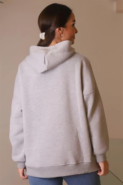 CEPLİ KAPÜŞONLU GRİ KADIN SWEATSHİRT 3040-2K4 - 5