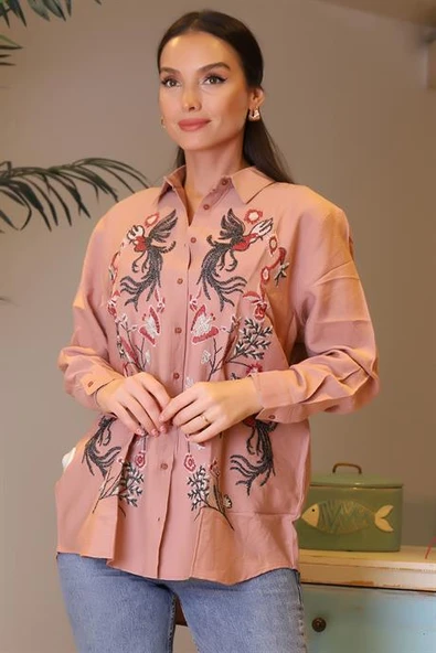 İŞLEMELİ UZUN KOLLU PUDRA KADIN GÖMLEK 33400-2Y4 ürün görseli