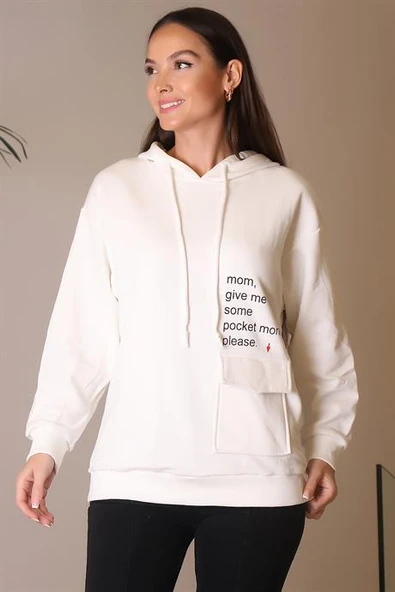 KAPÜŞONLU YAZI BASKILI EKRU KADIN SWEATSHİRT 26370-2K4 - 4