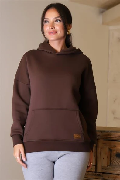 KAPÜŞONLU UZUN KOLLU KAHVE KADIN SWEATSHİRT 3046-2K4