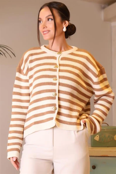 SIFIR YAKA ÇİZGİLİ CAMEL EKRU KADIN HIRKA 5181-2K4 - Resim 2