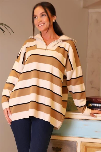 GENİŞ YAKA CAMEL BEJ KADIN TRİKO KAZAK 5210-2K4 ürün görseli