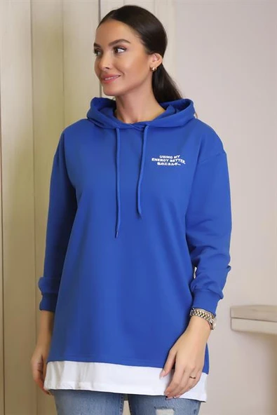 KAPÜŞONLU UZUN KOLLU SAKS KADIN SWEATSHİRT 140-2K4