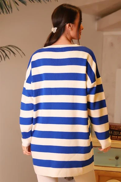 BİSİKLET YAKA ÇİZGİLİ SAKS KADIN KAZAK 6095-2K4 - Resim 5