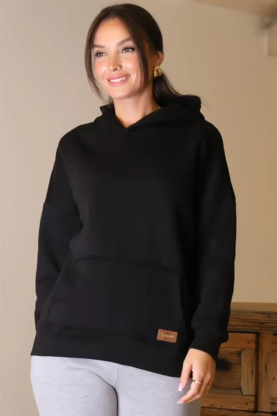 KAPÜŞONLU UZUN KOLLU SİYAH KADIN SWEATSHİRT 3046-2K4 - 3