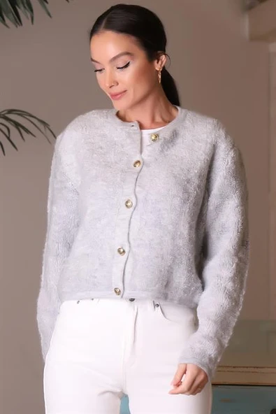 UZUN KOLLU PELUŞ GRİ KADIN HIRKA 3919-2K4 - Resim 3