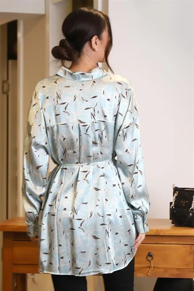 DESENLİ BELİ BAĞLAMALI TURKUAZ  KADIN TUNİK 24569-2Y4 - Resim 5