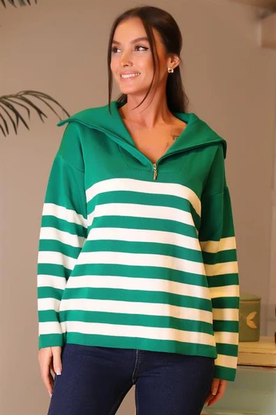 YAKALI UZUN KOLLU BENETTON EKRU KADIN KAZAK 3513-2K4 - Resim 4