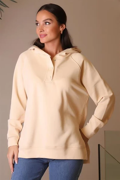 KAPÜŞONLU UZUN KOLLU BEJ KADIN SWEATSHİRT 5048-2K4 - 4