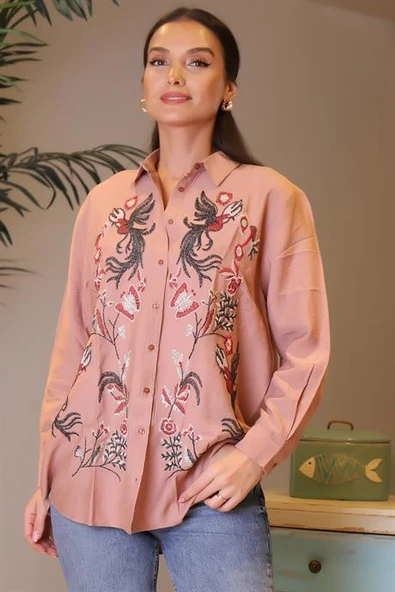 İŞLEMELİ UZUN KOLLU PUDRA KADIN GÖMLEK 33400-2Y4 - Resim 2