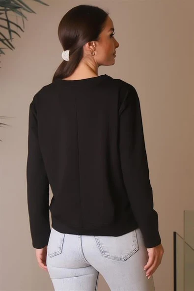 KIZ BASKILI SIFIR YAKA SİYAH KADIN SWEATSHİRT  28176-2K4 - 7