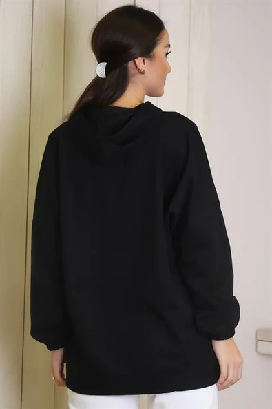 UZUN KOLLU KAPÜŞONLU SİYAH KADIN SWEATSHİRT 1220-2K4 - 5
