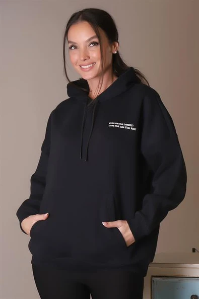 YAZILI KAPÜŞONLU SİYAH KADIN SWEATSHİRT  3WWB MARCIA-2K4 - 5