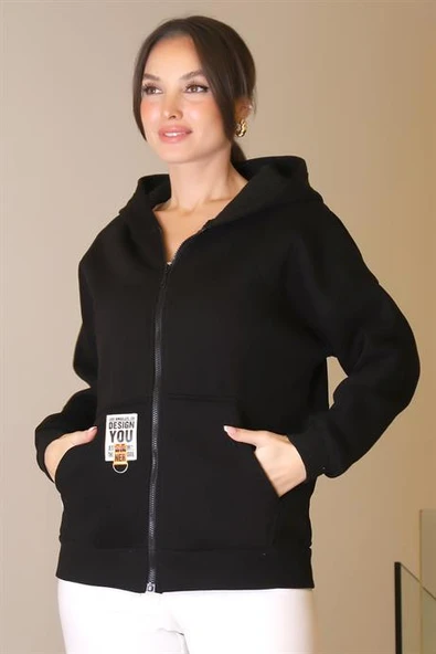 FERMUARLI KAPÜŞONLU SİYAH KADIN SWEATSHİRT 3064-2K5