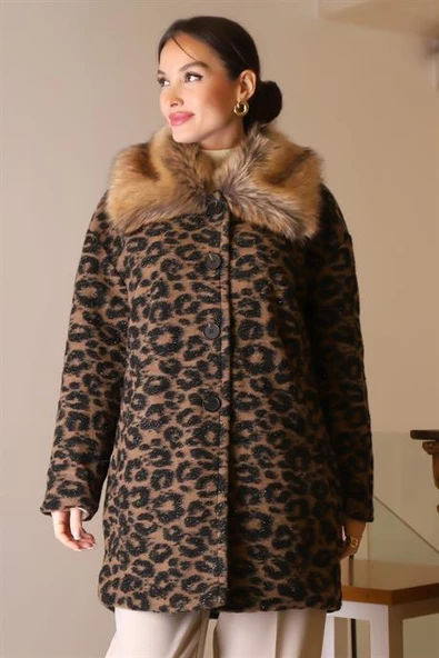 KÜRK YAKALI LEOPAR KADIN MONT 5659-2K5 - 4