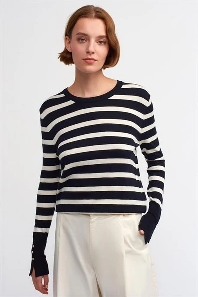 Bisiklet Yaka Çizgili Siyah Kadın Kazak 10433-2K5 ürün görseli