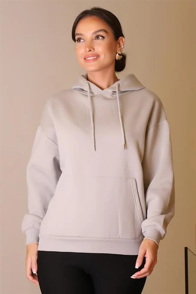 KANGURU CEPLİ KAPÜŞONLU GRİ KADIN SWEATSHİRT W0010224-2K5 - 3